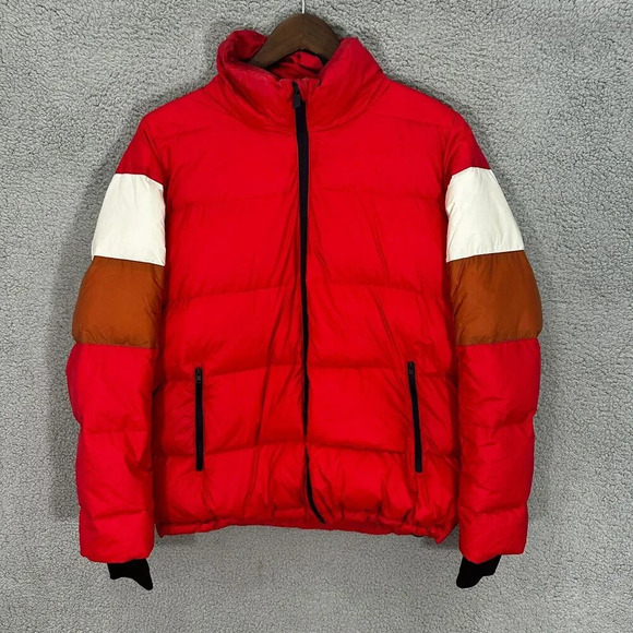 SPLITS59 Isabel Down Puffer Jacket women small red Colorblock down packable hood - Picture 1 of 13
